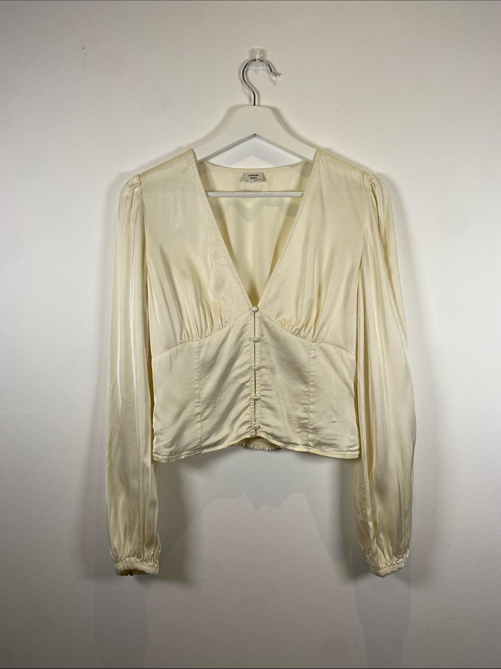 Sunday Best Cream Satin V-Neck Long Sleeve Blouse